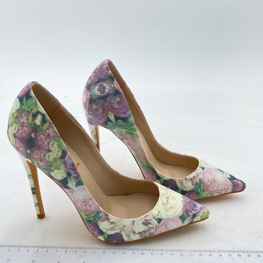 FSJ Ink Painting Rose Flower Wedding Party Shoes Slim High Heel Slip On Pumps - Picture 3 of 7